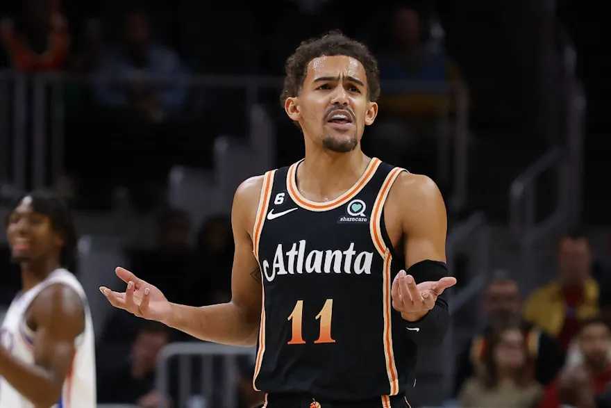 Trae Young of the Atlanta Hawks reacts during the first half against the Philadelphia 76ers at State Farm Arena on November 10, 2022 in Atlanta, Georgia. 
