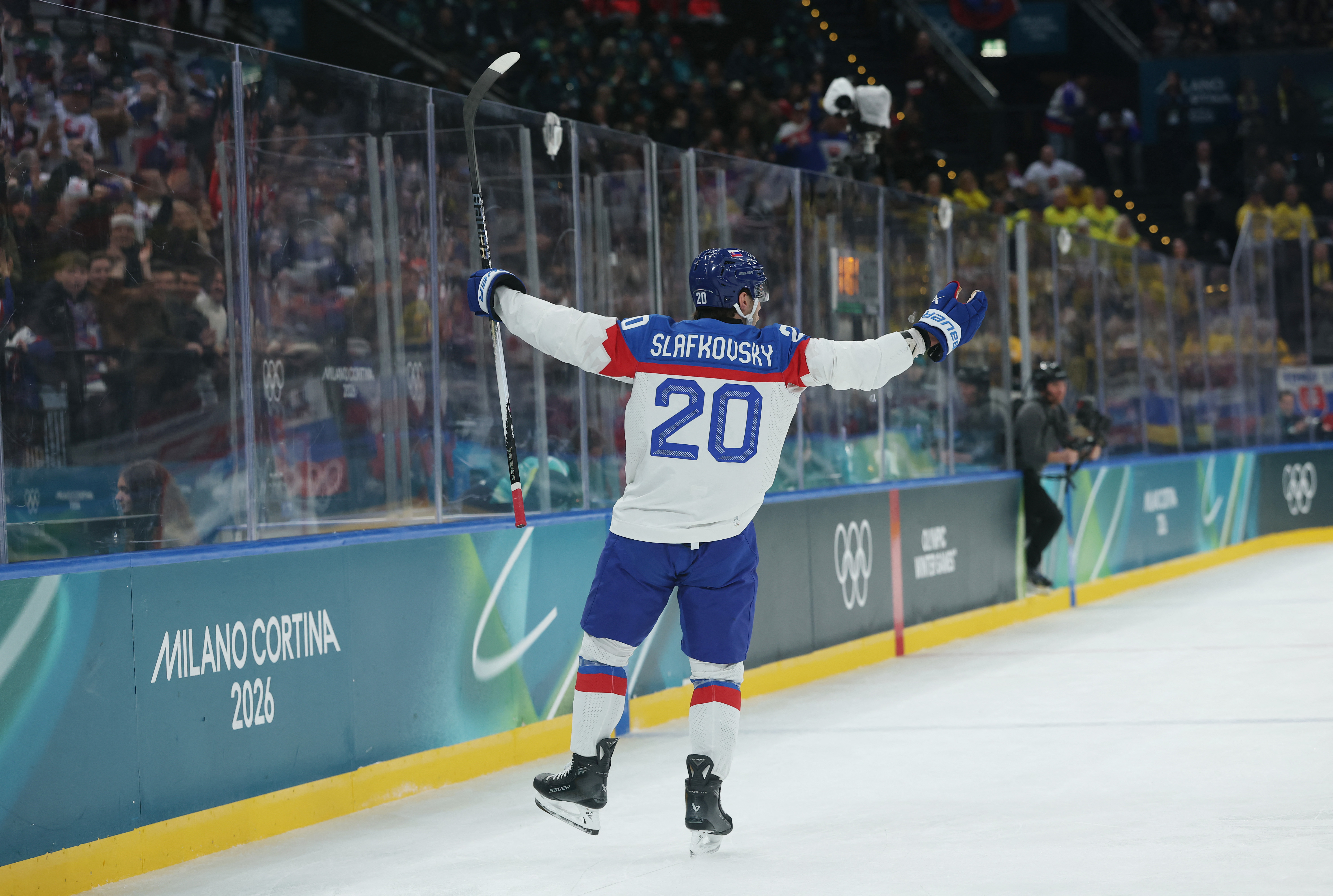 Juraj Slafkovsky - who's featured in my Finland vs. Slovakia player props - of Slovakia celebrates scoring their first goal. 