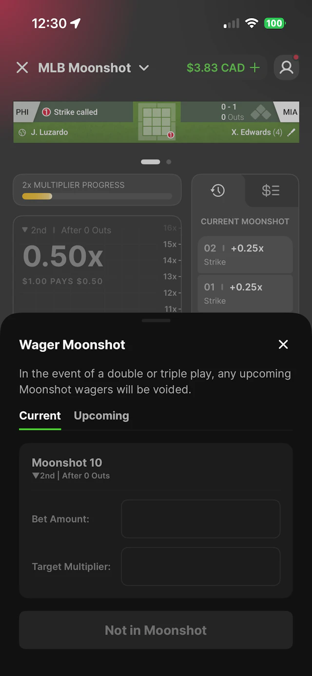DraftKings Moonshot menu showing information about double- and triple-play events.