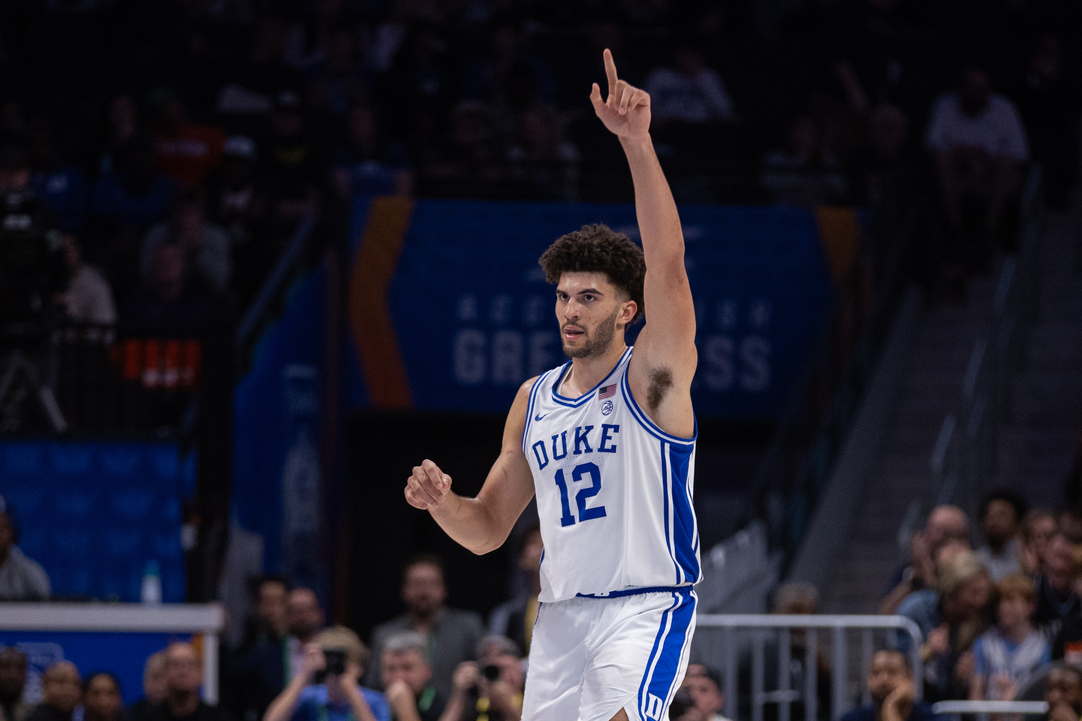 Duke Blue Devils forward Cameron Boozer (12), who leads the March Madness MVP odds, celebrates against the Clemson Tigers.