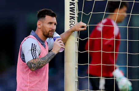 Lionel Messi takes a drink during Inter Miami CF’s Fútbol Fiesta Open training day at Chase Stadium in Fort Lauderdale as Gary Pearson offers his best prop picks for Inter Miami's Saturday tilt against the Vancouver Whitecaps. 