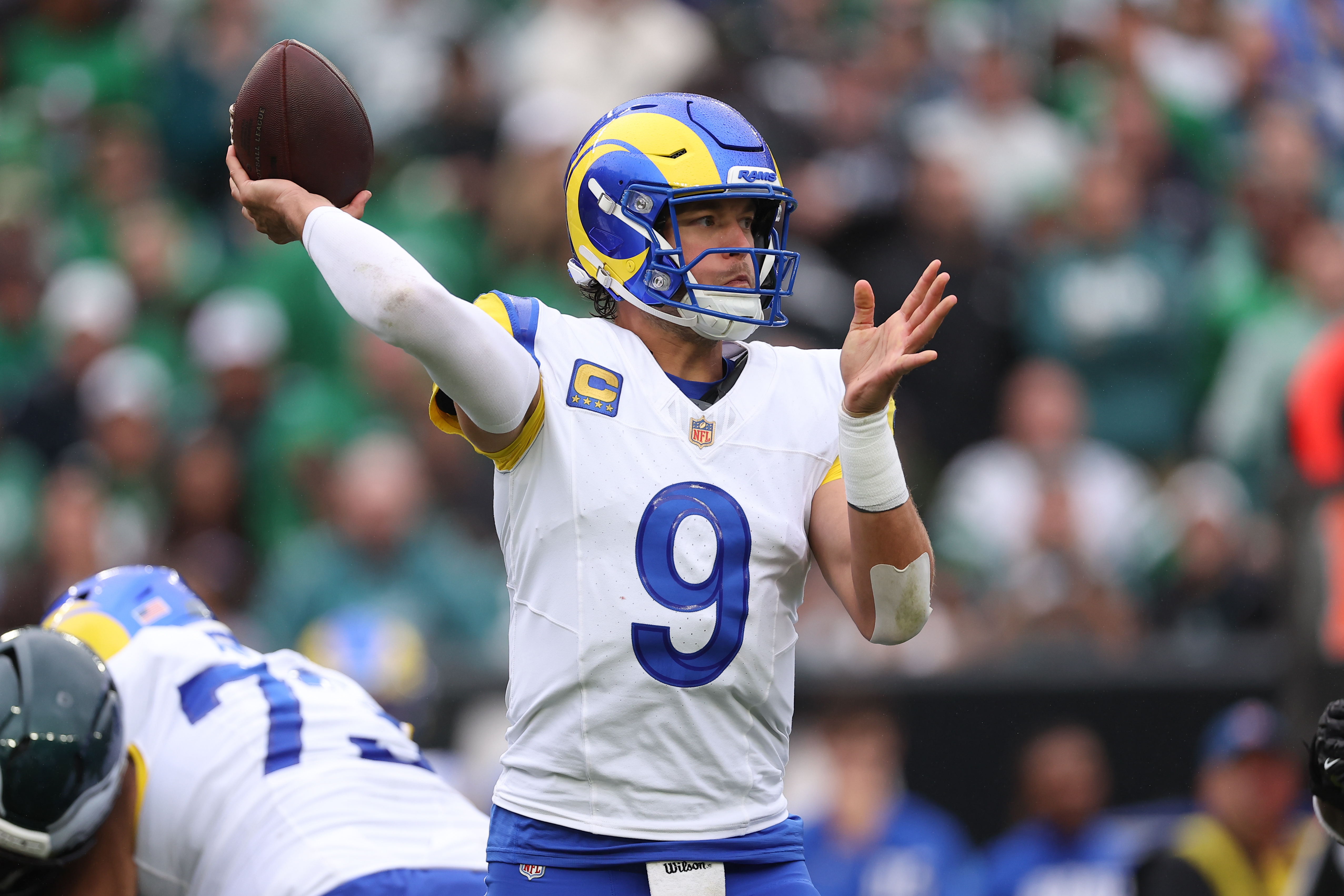 Los Angeles Rams quarterback Matthew Stafford (9) in action against the Philadelphia Eagles as we look closer at the Super Bowl 61 odds.