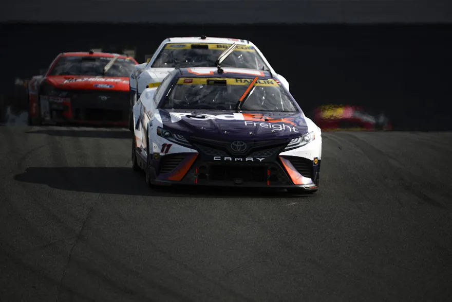 Denny Hamlin, driver of the #11 FedEx Freight Toyota, drives during the NASCAR Cup Series Bank of America Roval 400 at Charlotte Motor Speedway on October 09, 2022 in Concord, North Carolina.