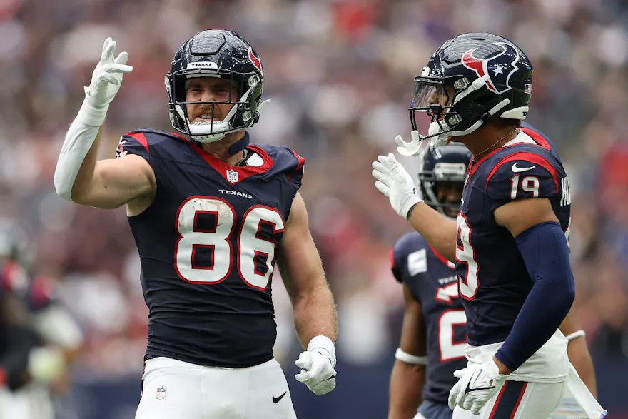 Dalton Schultz and Xavier Hutchinson of the Houston Texans react during the game against the New Orleans Saints as we look at our Texans-Ravens prediction.