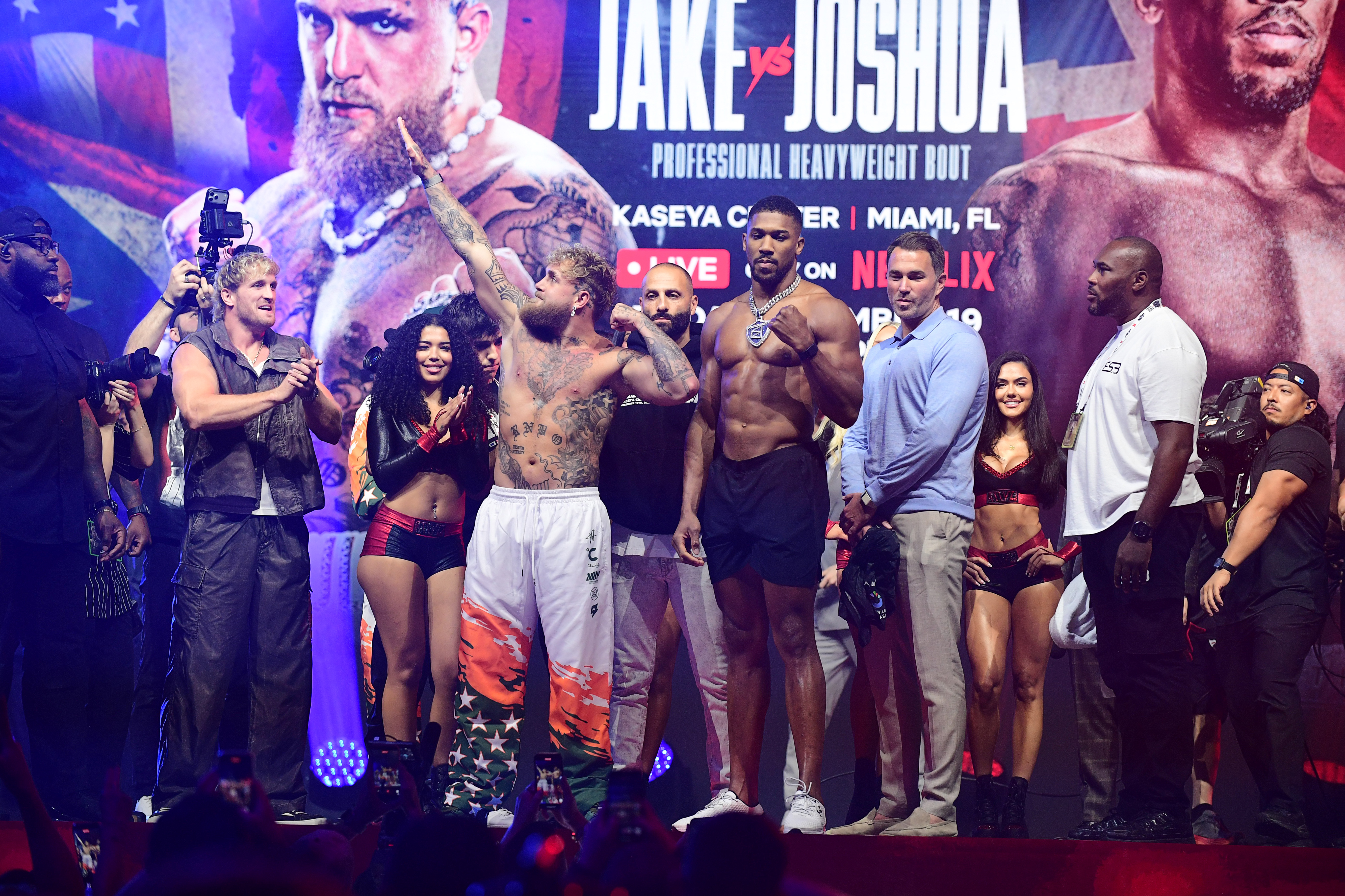 Jake Paul and Anthony Joshua pose during the official weigh-in as we look at our Jake Paul vs. Anthony Joshua fight card predictions