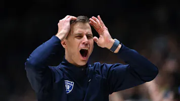 Head coach Jon Scheyer of the Duke Blue Devils reacts to a call by the officials against the Wake Forest Demon Deacons, and we offer new U.S. bettors our exclusive bet365 bonus code.