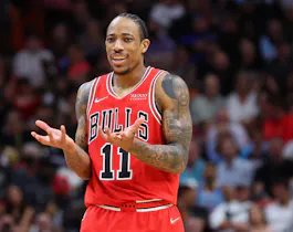 DeMar DeRozan of the Chicago Bulls reacts against the Miami Heat during the second half at FTX Arena in Miami, Florida. Photo by Michael Reaves/Getty Images via AFP.