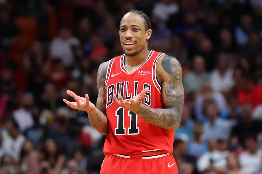 DeMar DeRozan of the Chicago Bulls reacts against the Miami Heat during the second half at FTX Arena in Miami, Florida. Photo by Michael Reaves/Getty Images via AFP.