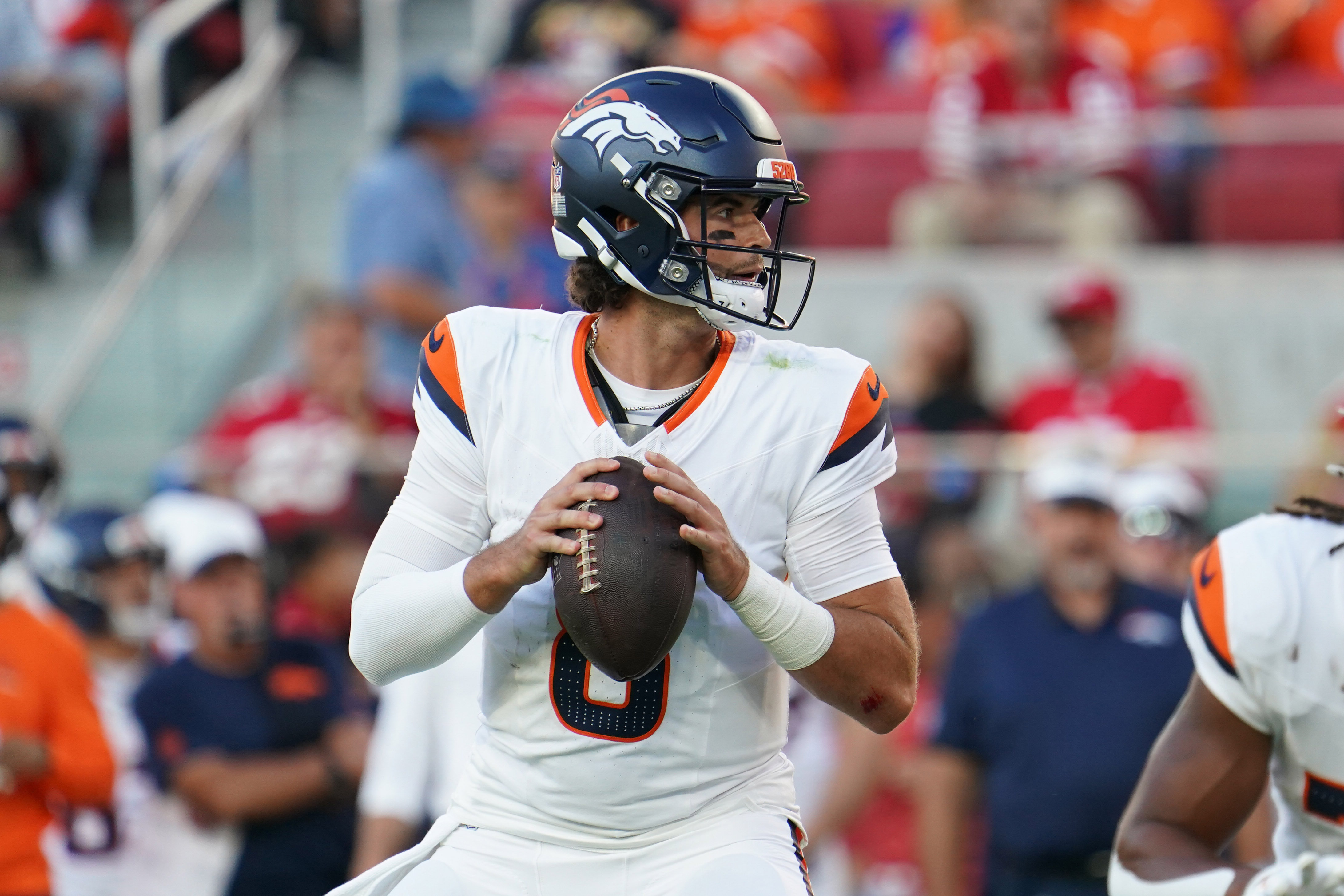 Denver Broncos quarterback Jarrett Stidham (8), seen here dropping back to pass, is a long shot worth betting as we break down the Jarrett Stidham Super Bowl MVP odds.