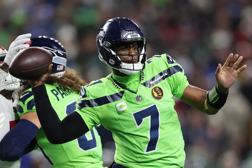 Geno Smith of the Seattle Seahawks throws a pass during the fourth quarter against the San Francisco 49ers as we look at our Seahawks-Cowboys player prop picks.