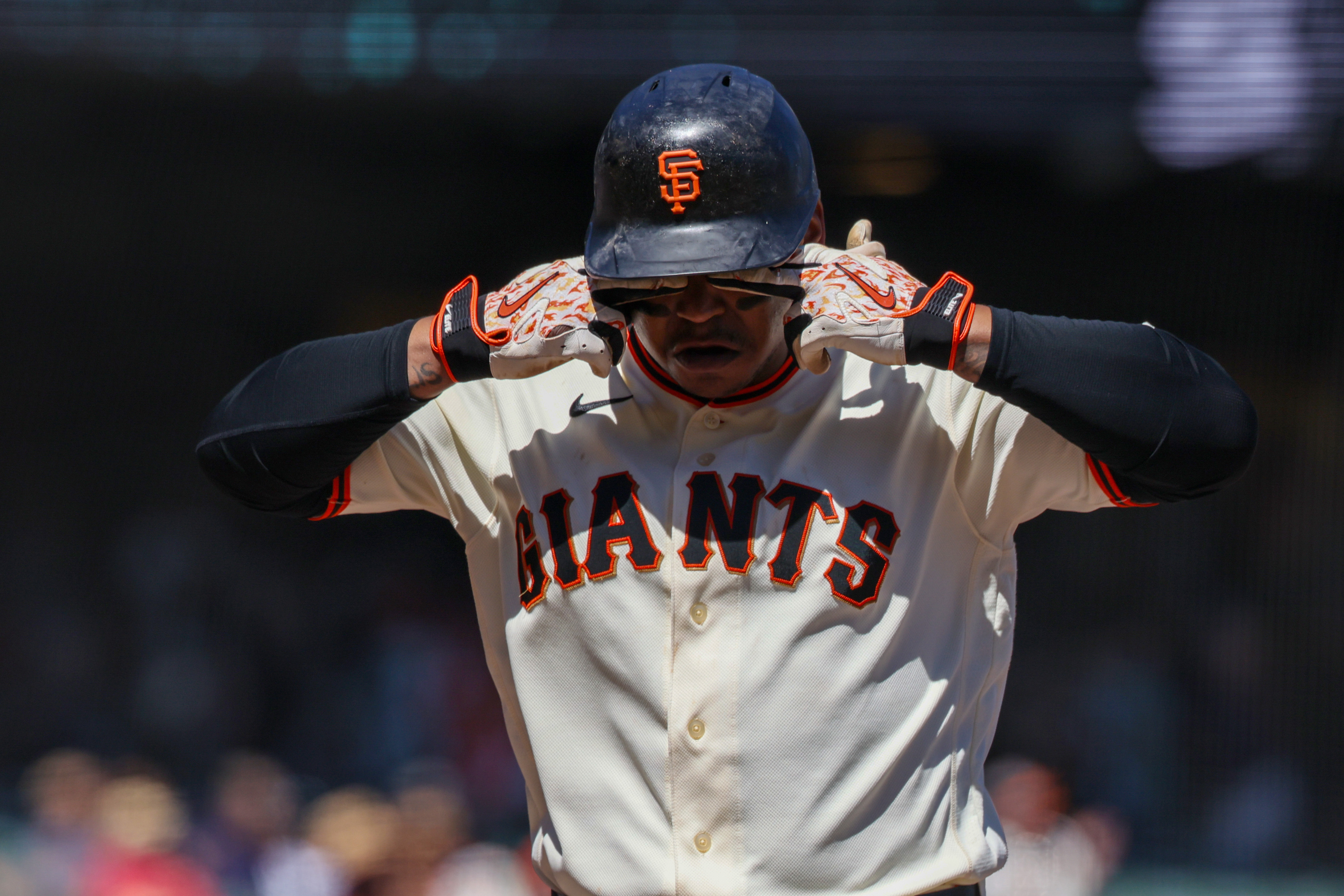 San Francisco Giants first baseman Rafael Devers (16) celebrates at home plate after hitting a two run home run during the fifth inning against the Cincinnati Reds at Oracle Park.