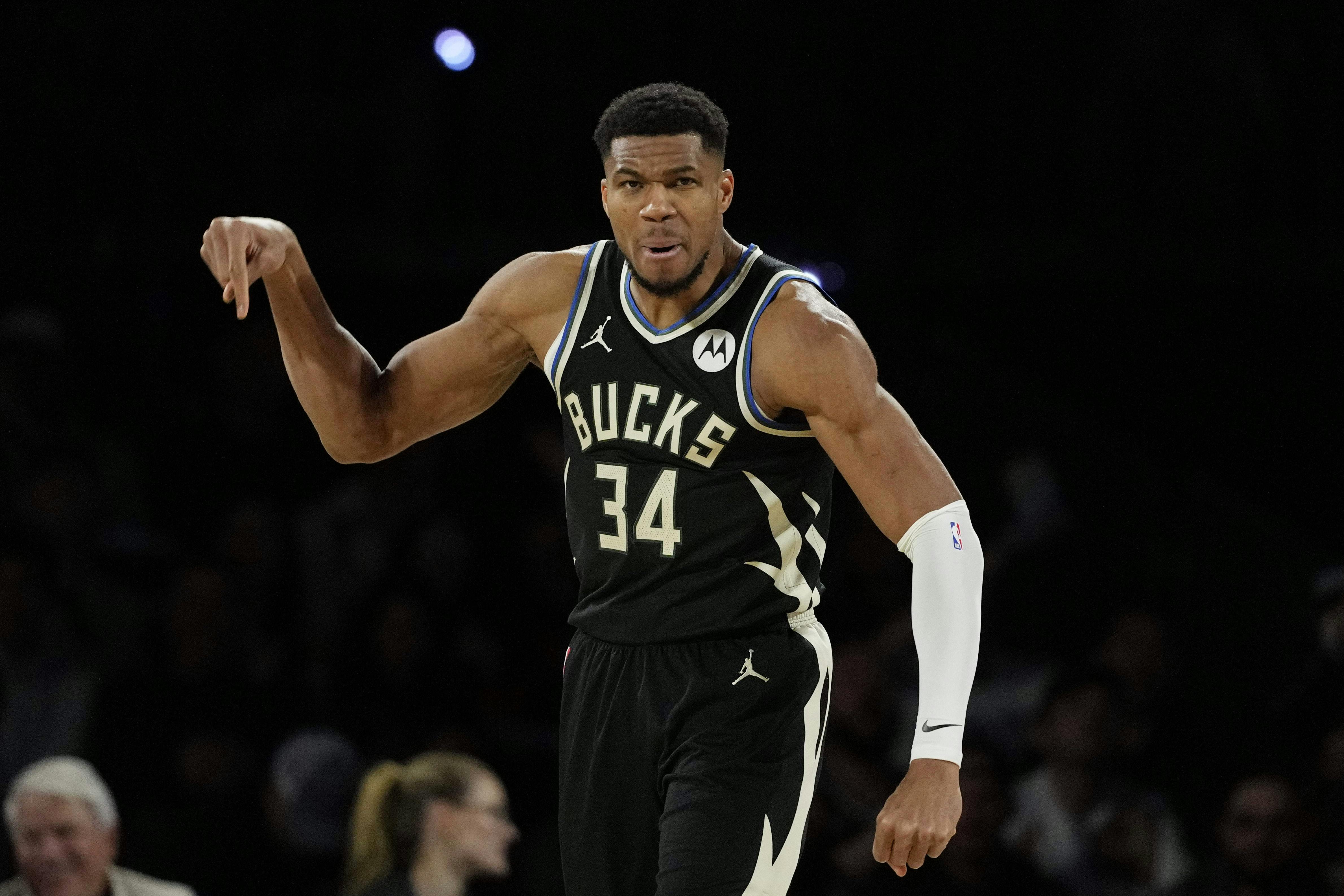 Milwaukee Bucks forward Giannis Antetokounmpo reacts as we offer our Bucks vs. Thunder prediction tonight for the NBA Cup Final.