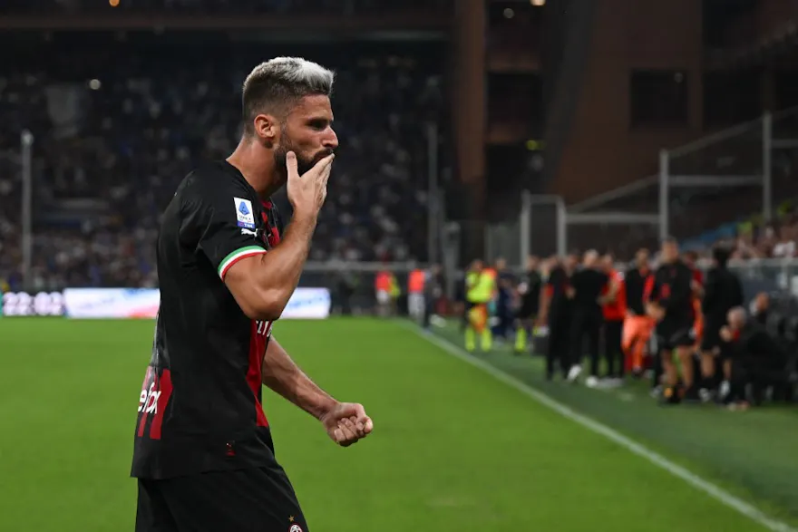 Olivier Jonathan Giroud (Milan), celebrates after scoring a goal during the italian soccer Serie A match UC Sampdoria vs AC Milan on September 10, 2022.