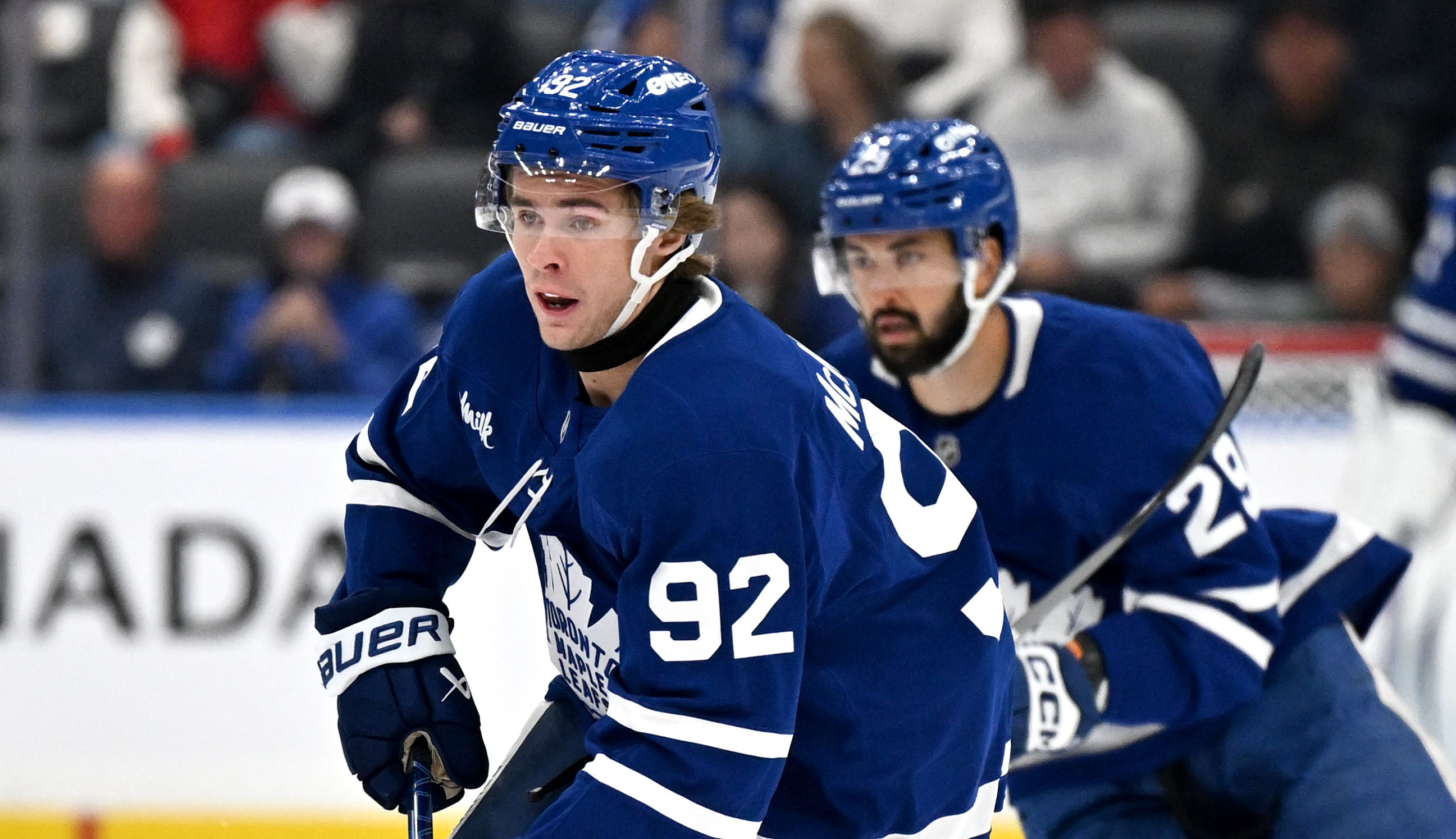 Toronto Maple Leafs forward Gavin McKenna (92) brings the puck up the ice as we look at the 2026-2027 Calder Trophy odds.