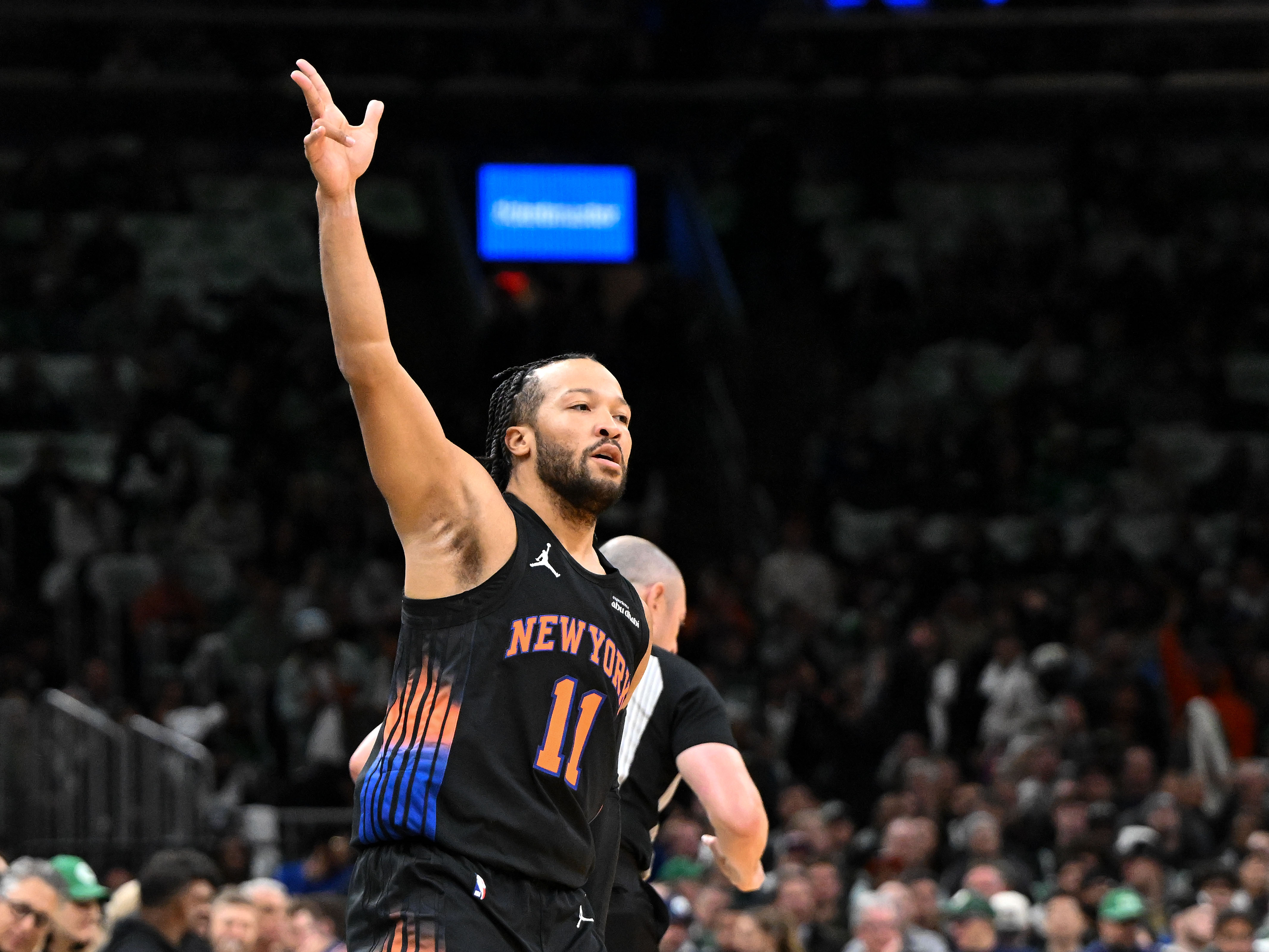  New York Knicks guard Jalen Brunson - who's featured in my Spurs vs. Knicks player props - reacts after making a basket. 
