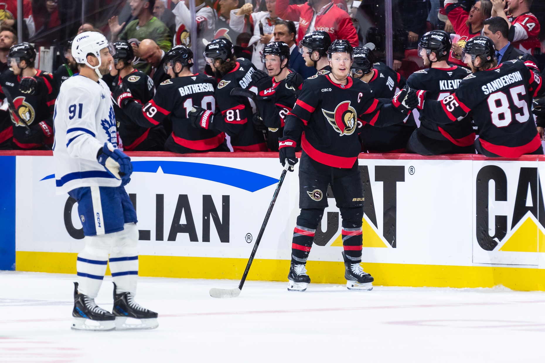 Brady Tkachuk reacts after a goal against the Toronto Maple Leafs as we offer our Senators vs. Maple Leafs player props. 