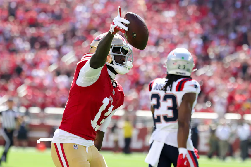 San Francisco 49ers wide receiver Brandon Aiyuk celebrates as we look at our anytime touchdown scorer predictions for Thursday Night Football