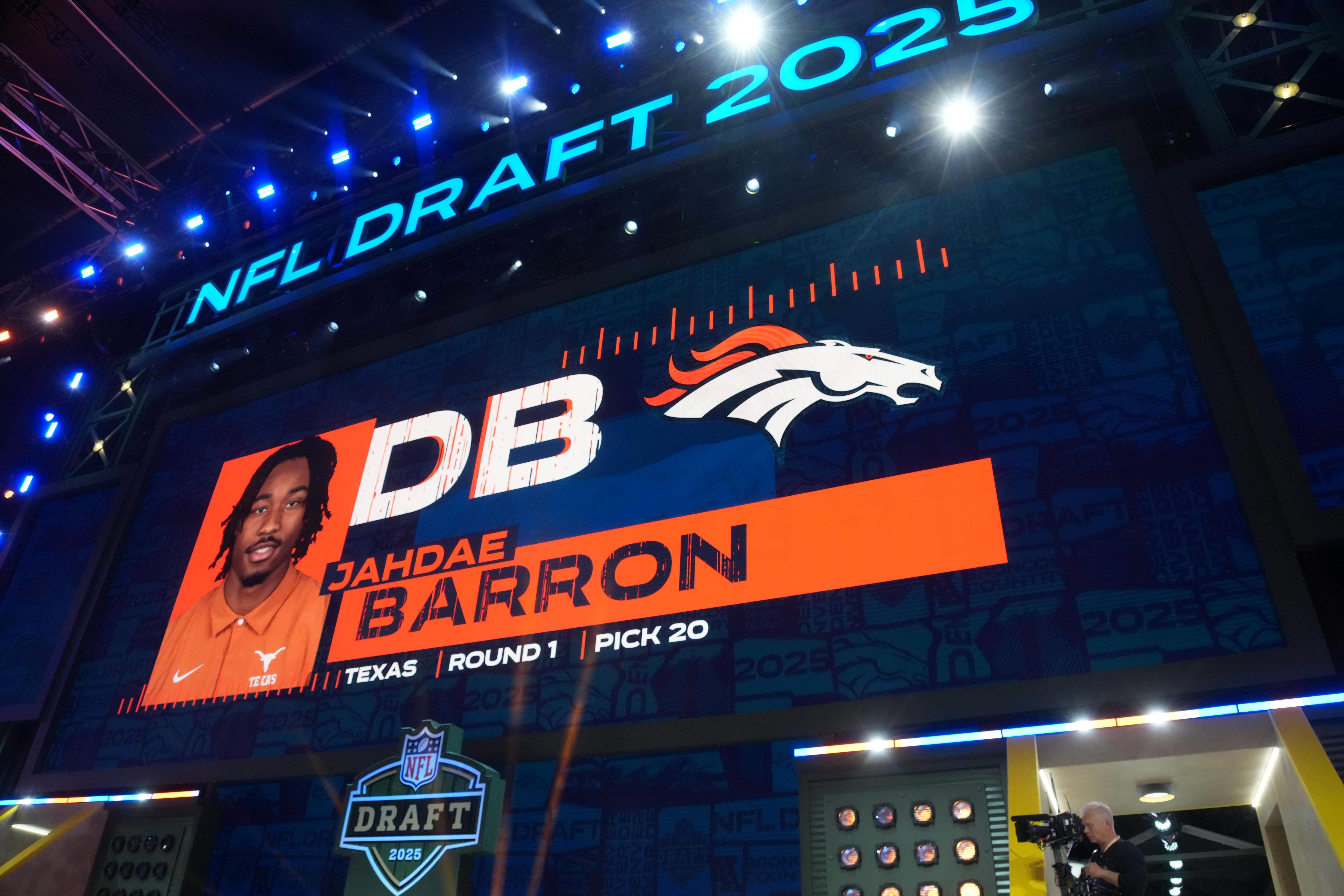 Denver Broncos defensive back Jahdae Barron is selected as the No. 20 pick by the Denver Broncos during the NFL Draft at Lambeau Field.