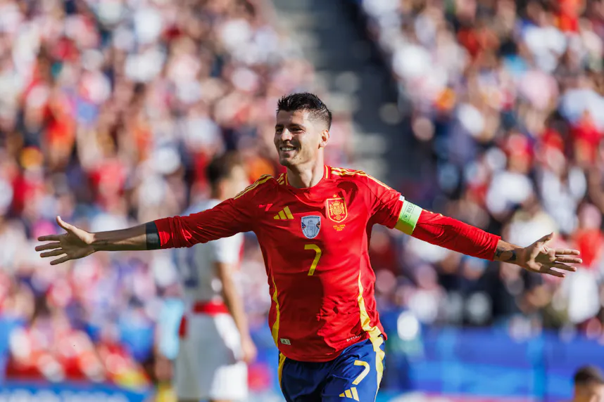 Alvaro Morata of Spain celebrates as we offer our best Spain vs. Italy prediction and expert picks for Thursday's matchup in the Euros 2024.