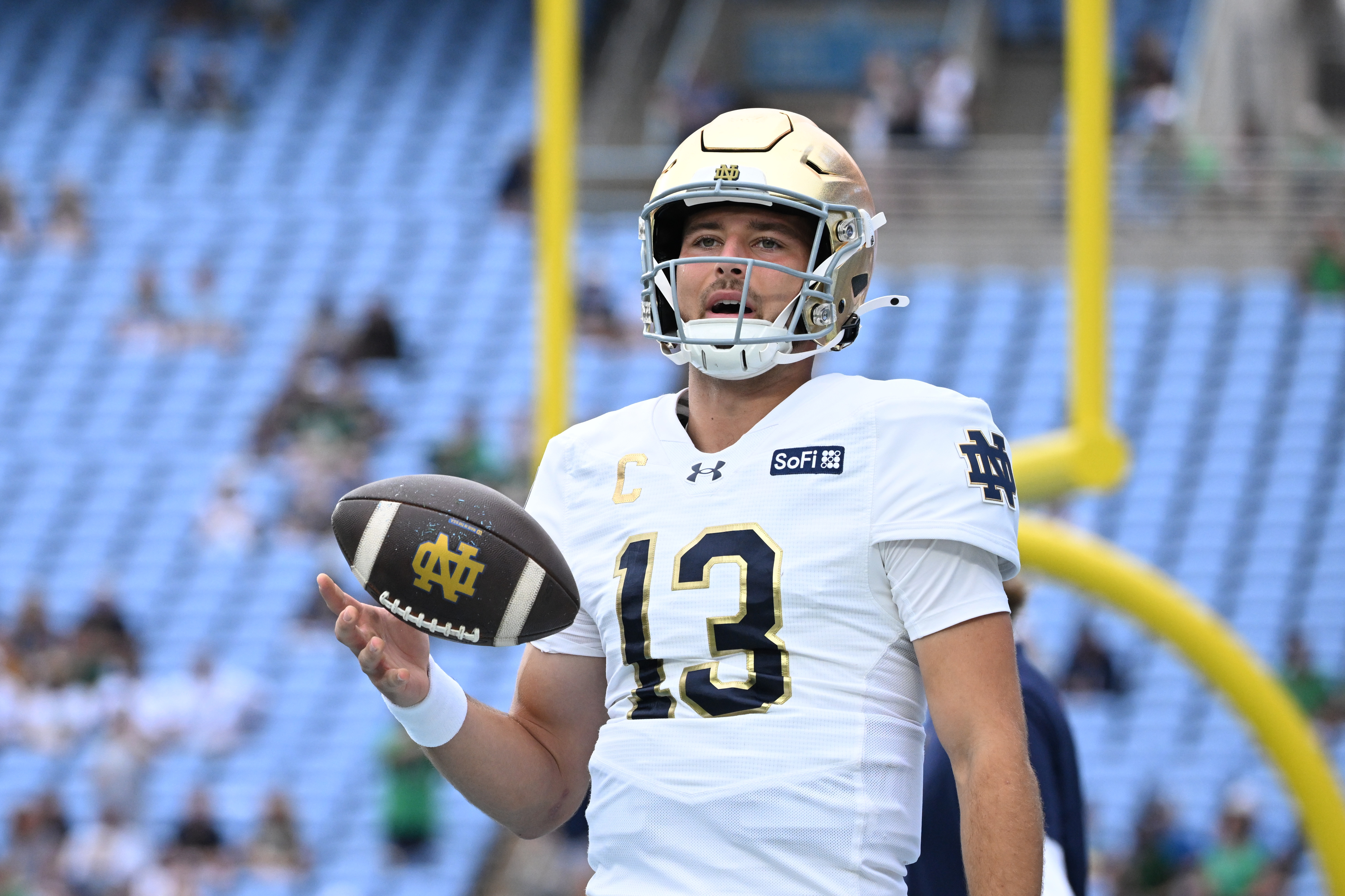 Pictured: Fighting Irish quarterback CJ Carr as we break down our Stanford vs. Notre Dame Prediction. Photo by Bob Donnan-Imagn Images.