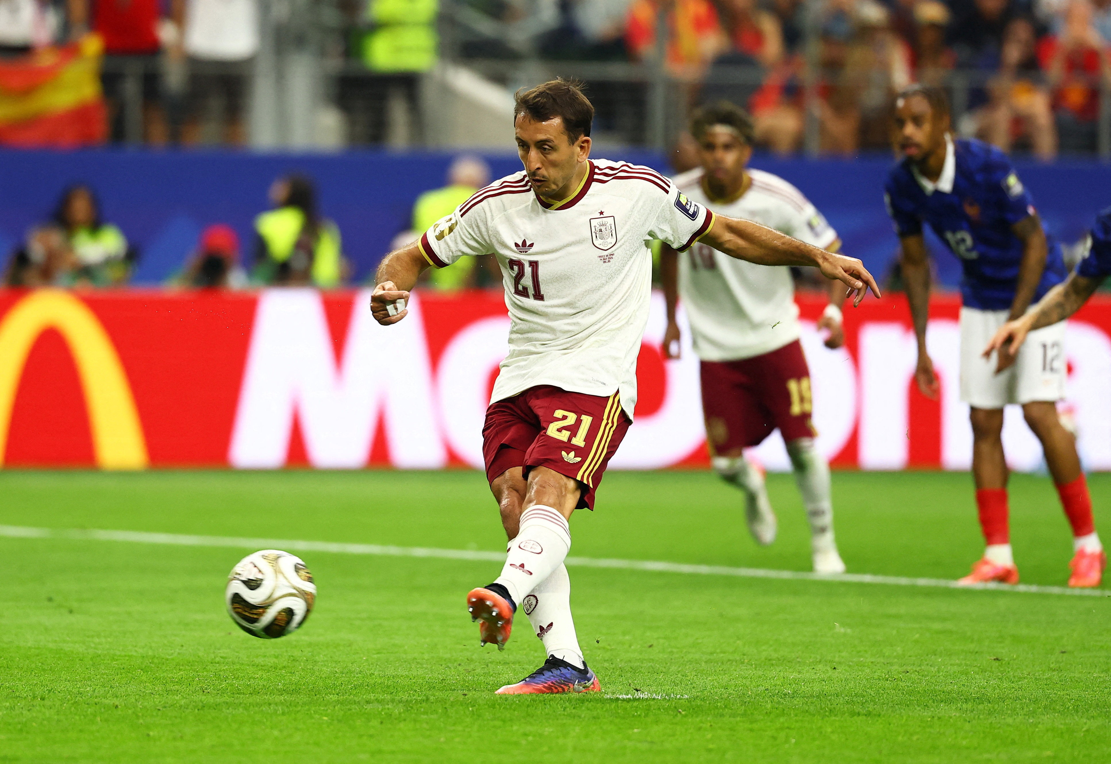 Spain's Mikel Oyarzabal scores their first goal from the penalty spot as he is featured in our World Cup Final goal scorer parlay.
