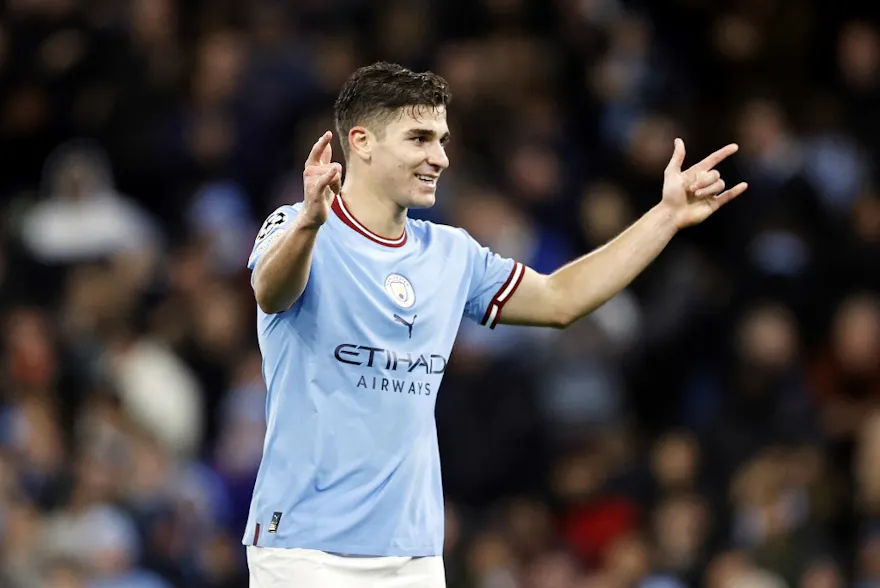 Julian Alvarez of Manchester City celebrates after he scores his side's fifth goal to put them 5-0 during the UEFA Champions League, Group G football match between Manchester City and FC Copenhagen on October 5, 2022 at Etihad Stadium.