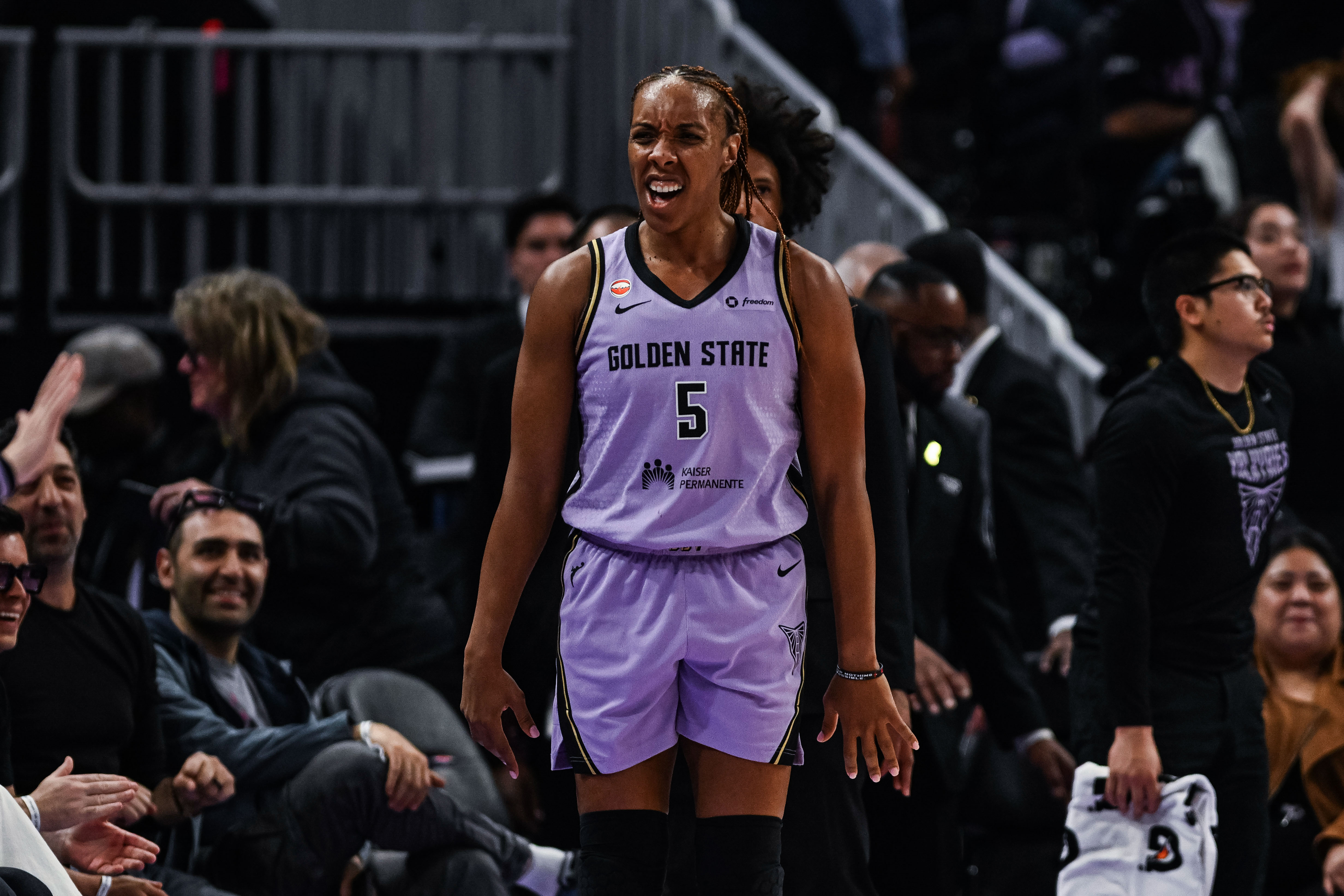 Golden State Valkyries forward Kayla Thornton (5) reacts as we break down our Dream vs. Valkyries prediction.