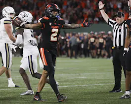 Anthony Gould of the Oregon State Beavers reacts after scoring a touchdown against the Montana State Bobcats during the third quarter at Providence Park on September 17, 2022 in Portland, Oregon.
