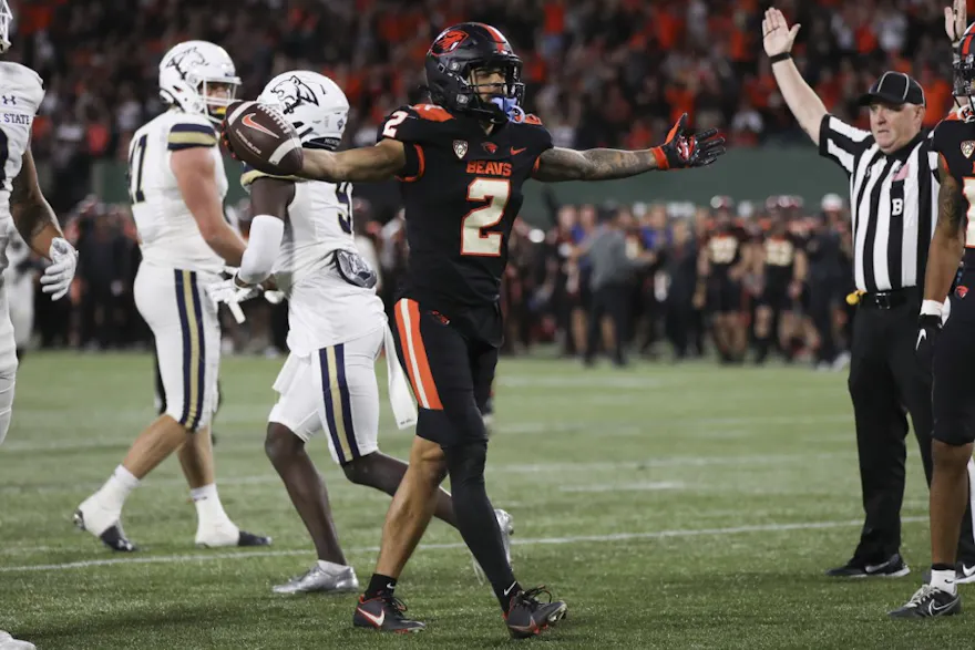 Anthony Gould of the Oregon State Beavers reacts after scoring a touchdown against the Montana State Bobcats during the third quarter at Providence Park on September 17, 2022 in Portland, Oregon.