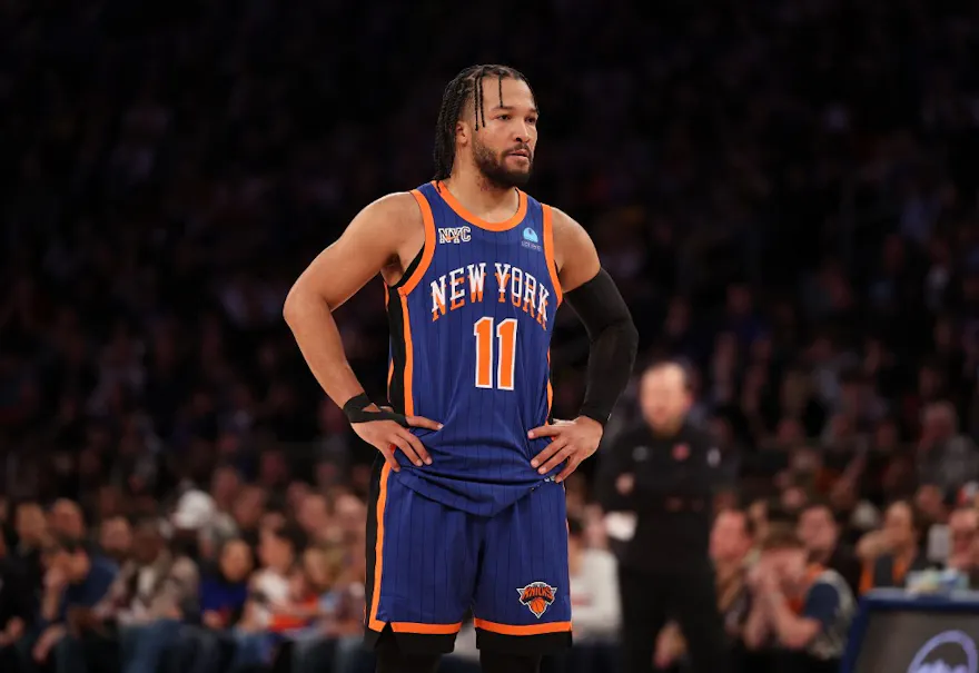 Jalen Brunson #11 of the New York Knicks looks on as we make our best Mavericks vs. Knicks NBA player props
