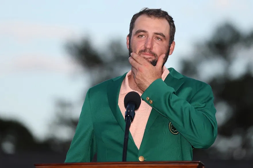 Scottie Scheffler of the United States speaks to the crowd during the Green Jacket Ceremony as we look at our 2025 Masters picks & predictions