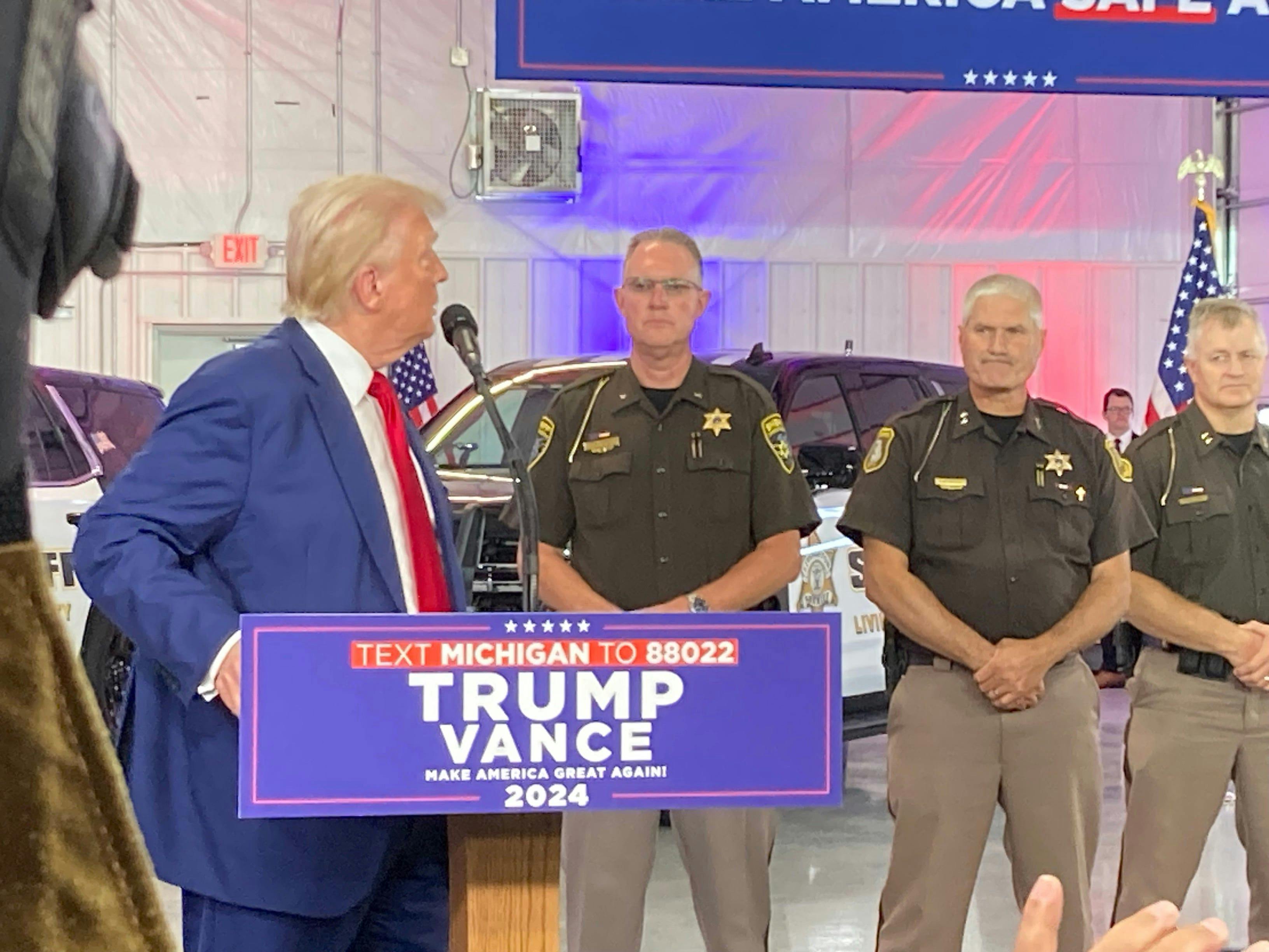 Former President Donald Trump delivers remarks on crime and safety in Howell, Michigan, on Aug. 20, 2024.