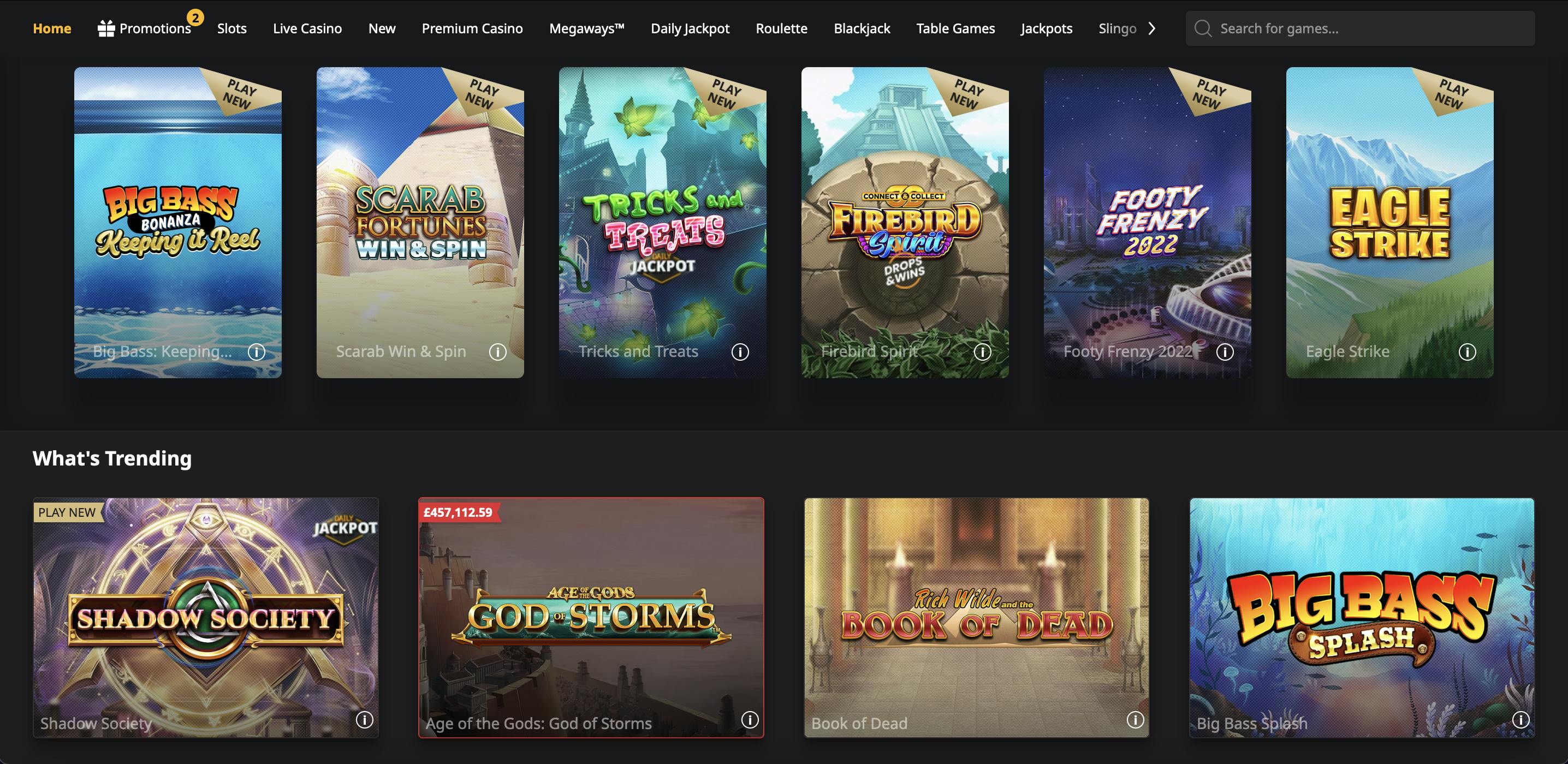 Betfair casino homepage<br>