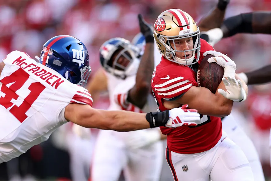Christian McCaffrey #23 of the San Francisco 49ers features in our NFL offensive player of the year odds.