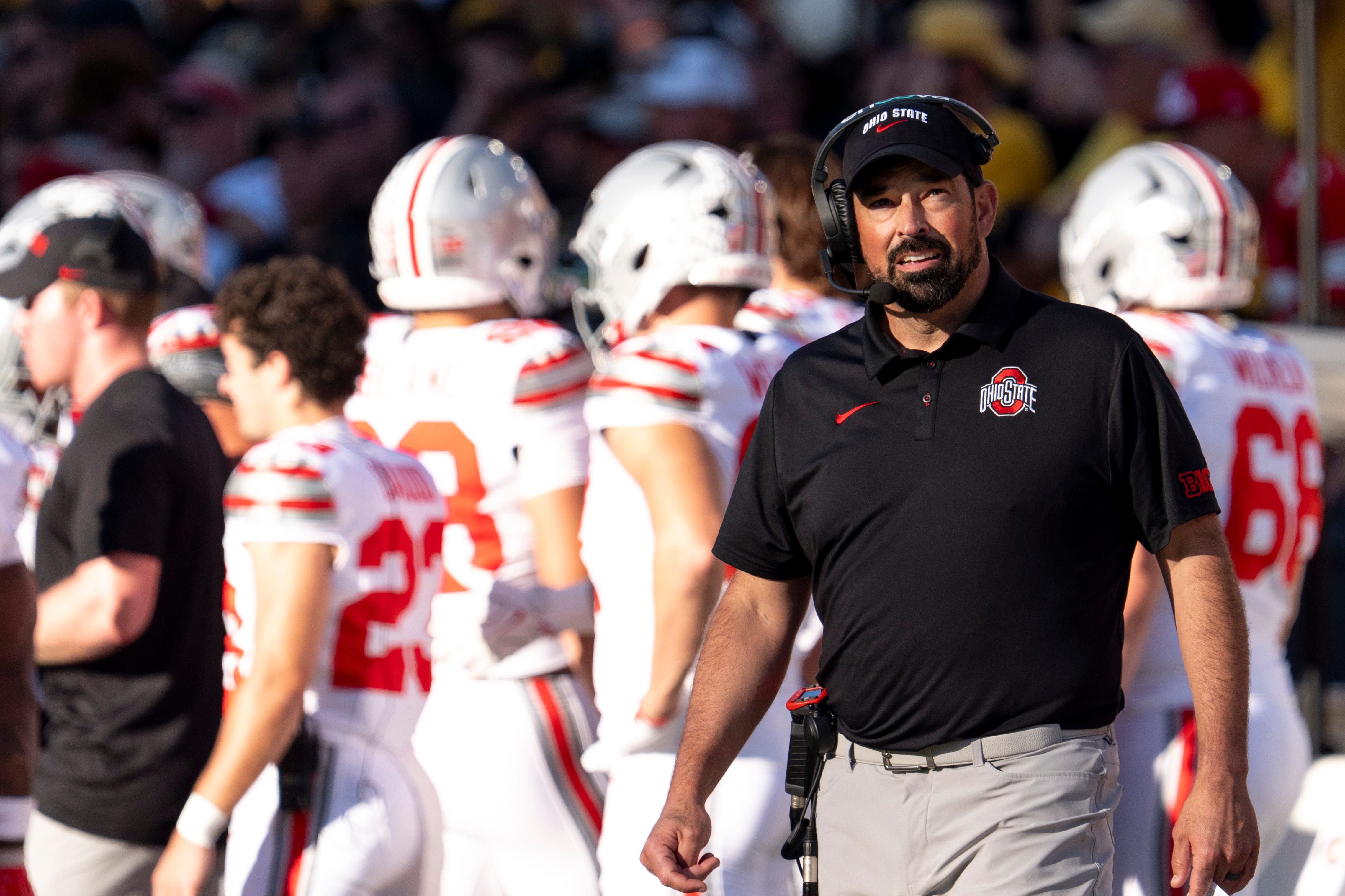 Ohio State Buckeyes head coach Ryan Day is pictured during a Big Ten college football game against the Iowa Hawkeyes as we examine the 2026-2027 National Championship odds.