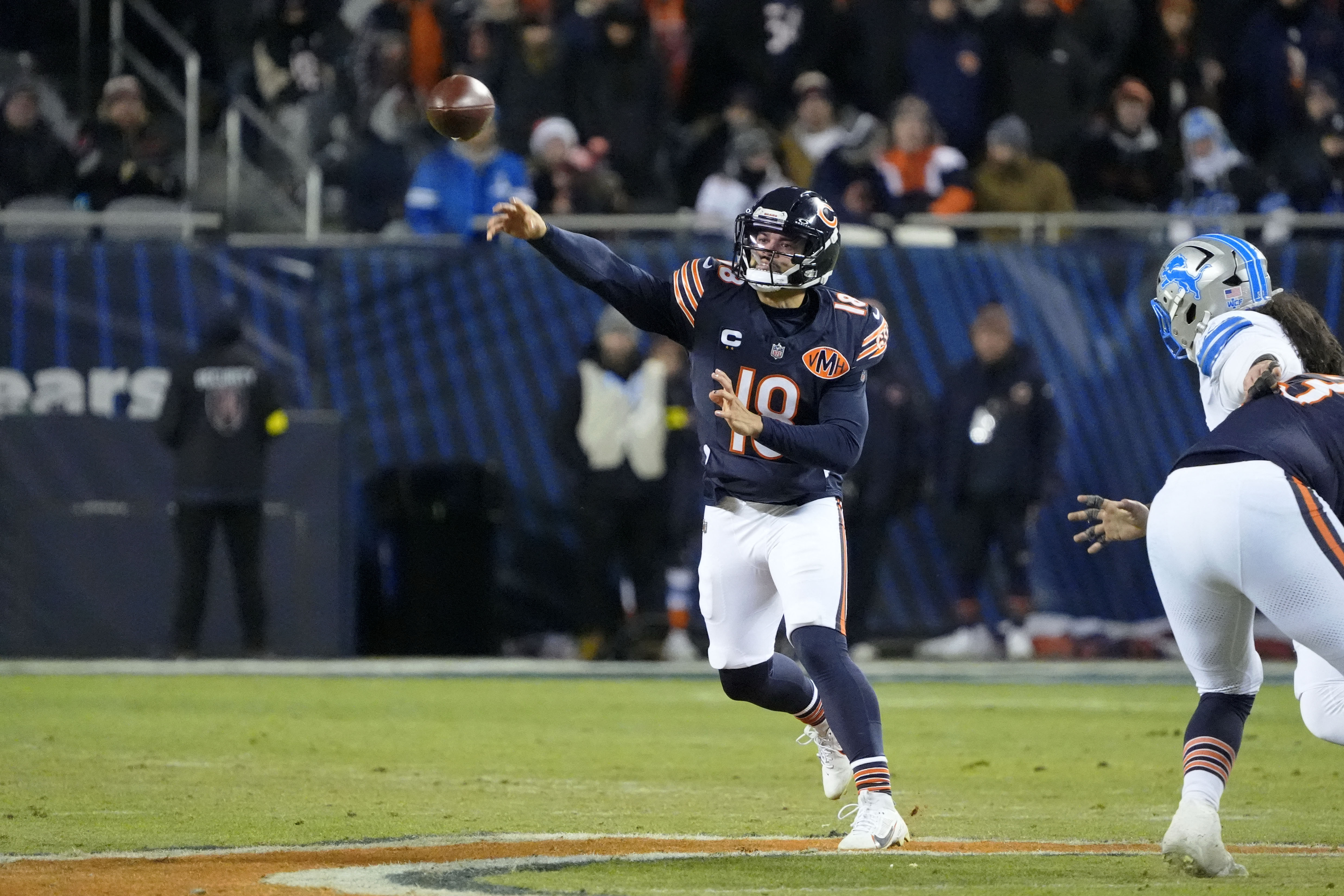 Chicago Bears quarterback Caleb Williams (18) passes the ball as we break down our Packers vs. Bears predictions.