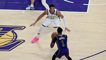 Giannis Antetokounmpo (34) of Milwaukee Bucks in action against D'Angelo Russell (1) of Los Angeles Lakers as we look at our best Lakers vs. Bucks NBA player props & best bets