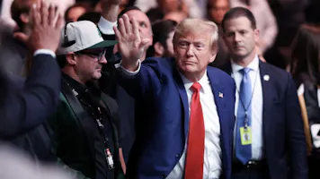 Republican presidential candidate and former U.S. President Donald Trump attends the UFC 296: Edwards vs. Covington event at T-Mobile Arena as we look at the 2024 U.S. Presidential election odds.