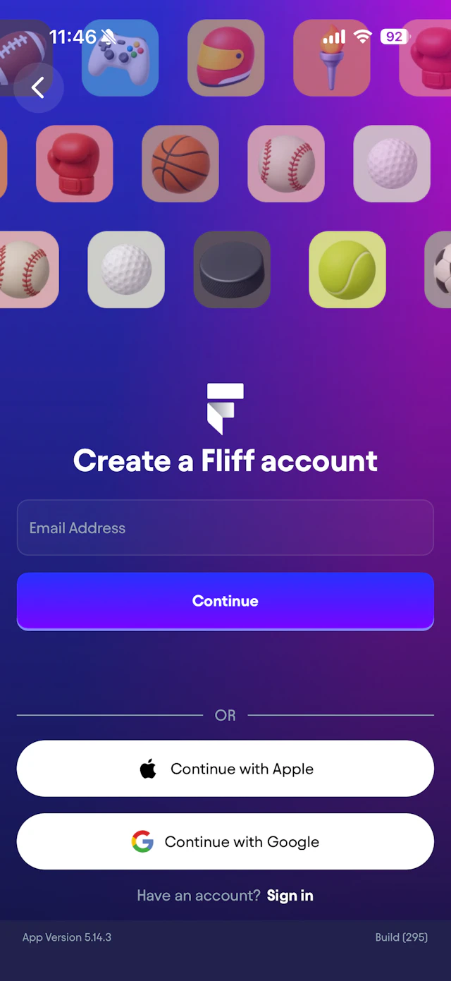 Fliff Social Sportsbook account creation screen.