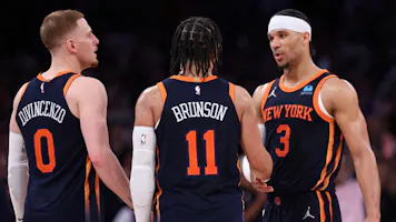 Donte DiVincenzo, Jalen Brunson, and Josh Hart of the New York Knicks celebrate their win against the Indiana Pacers in Game 2 of the playoffs. We're backing Brunson in our Knicks vs. Pacers Player Props. 