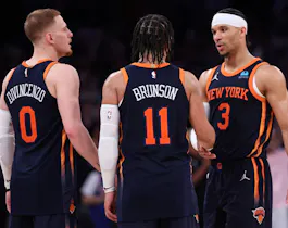 Donte DiVincenzo, Jalen Brunson, and Josh Hart of the New York Knicks celebrate their win against the Indiana Pacers in Game 2 of the playoffs. We're backing Brunson in our Knicks vs. Pacers Player Props. 
