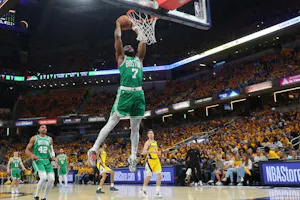 Jaylen Brown of the Boston Celtics dunks during Game 3 of the Eastern Conference Finals against the Indiana Pacers. We're backing Brown in our Celtics vs. Pacers Player Props.