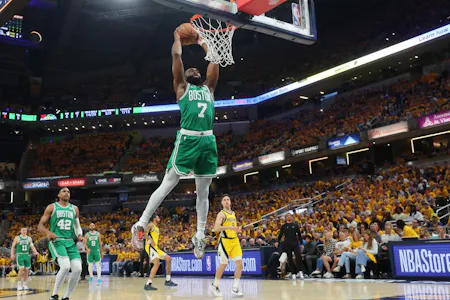 Jaylen Brown of the Boston Celtics dunks during Game 3 of the Eastern Conference Finals against the Indiana Pacers. We're backing Brown in our Celtics vs. Pacers Player Props.