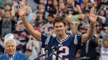 Former New England Patriots quarterback Tom Brady gestures as we look at our Tom Brady next team odds.