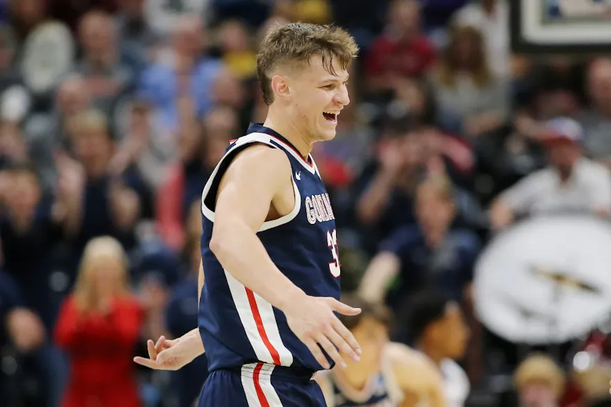 Ben Gregg #33 of the Gonzaga Bulldogs reacts as we offer our Gonzaga vs. Purdue prediction and pick for the Sweet 16 of the NCAA Tournament on Friday.