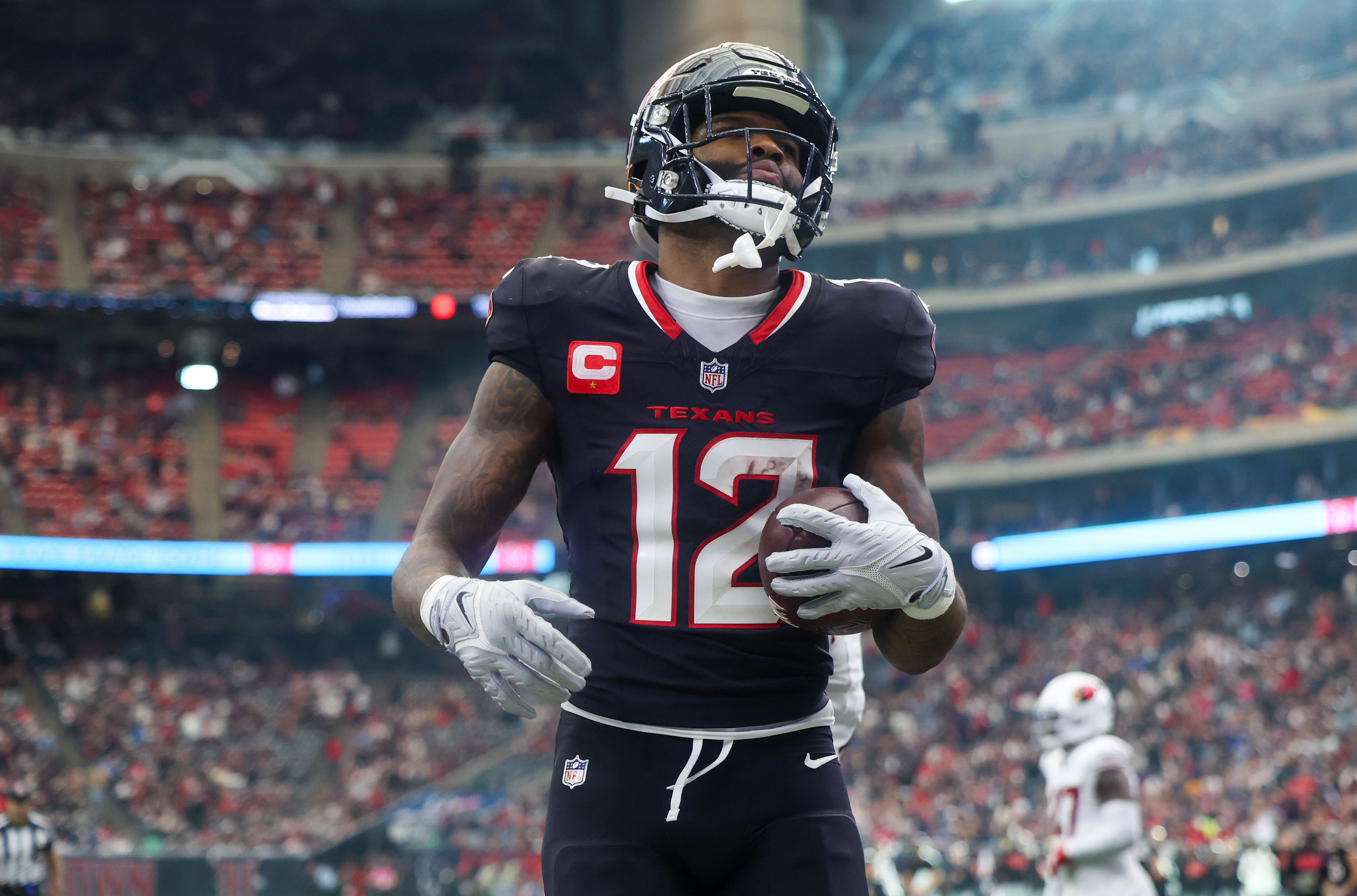 Houston Texans wide receiver Nico Collins (12) celebrates his touchdown as we offer our Texans vs. Steelers anytime touchdown scorer predictions.