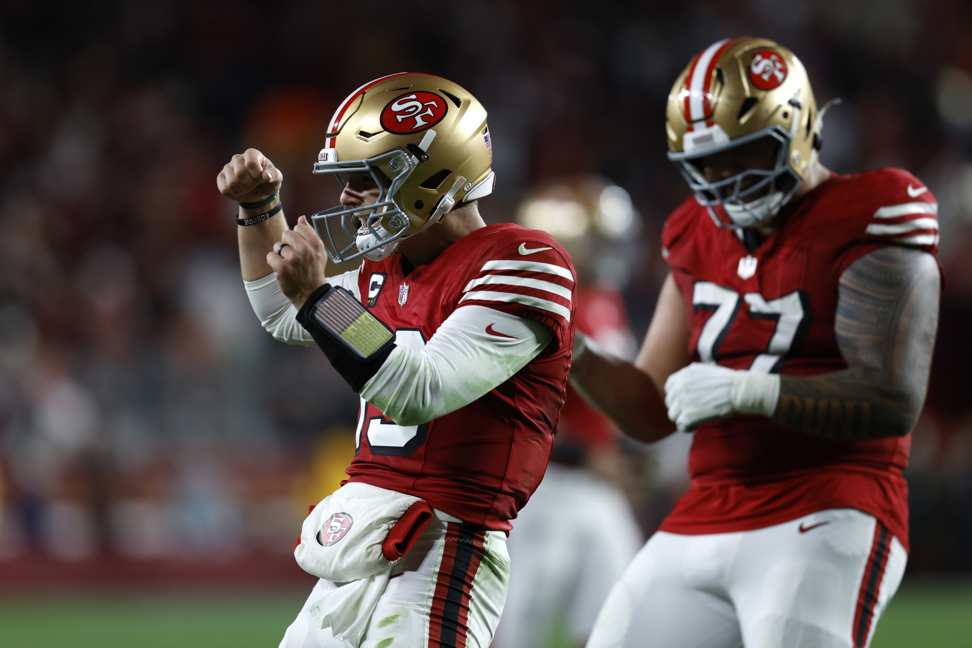 San Francisco 49ers quarterback Brock Purdy celebrates as we make our NFL upset picks for Week 18