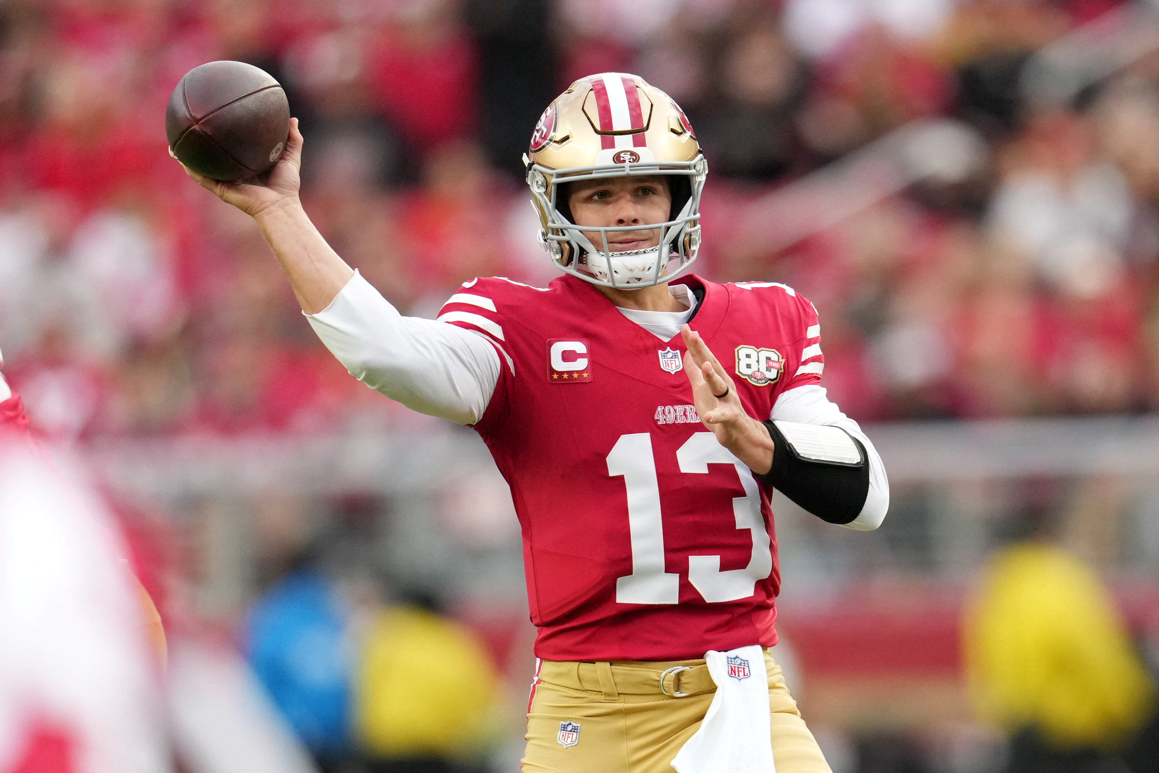 San Francisco 49ers quarterback Brock Purdy (13) throws a pass as we take a closer look at the Super Bowl odds.