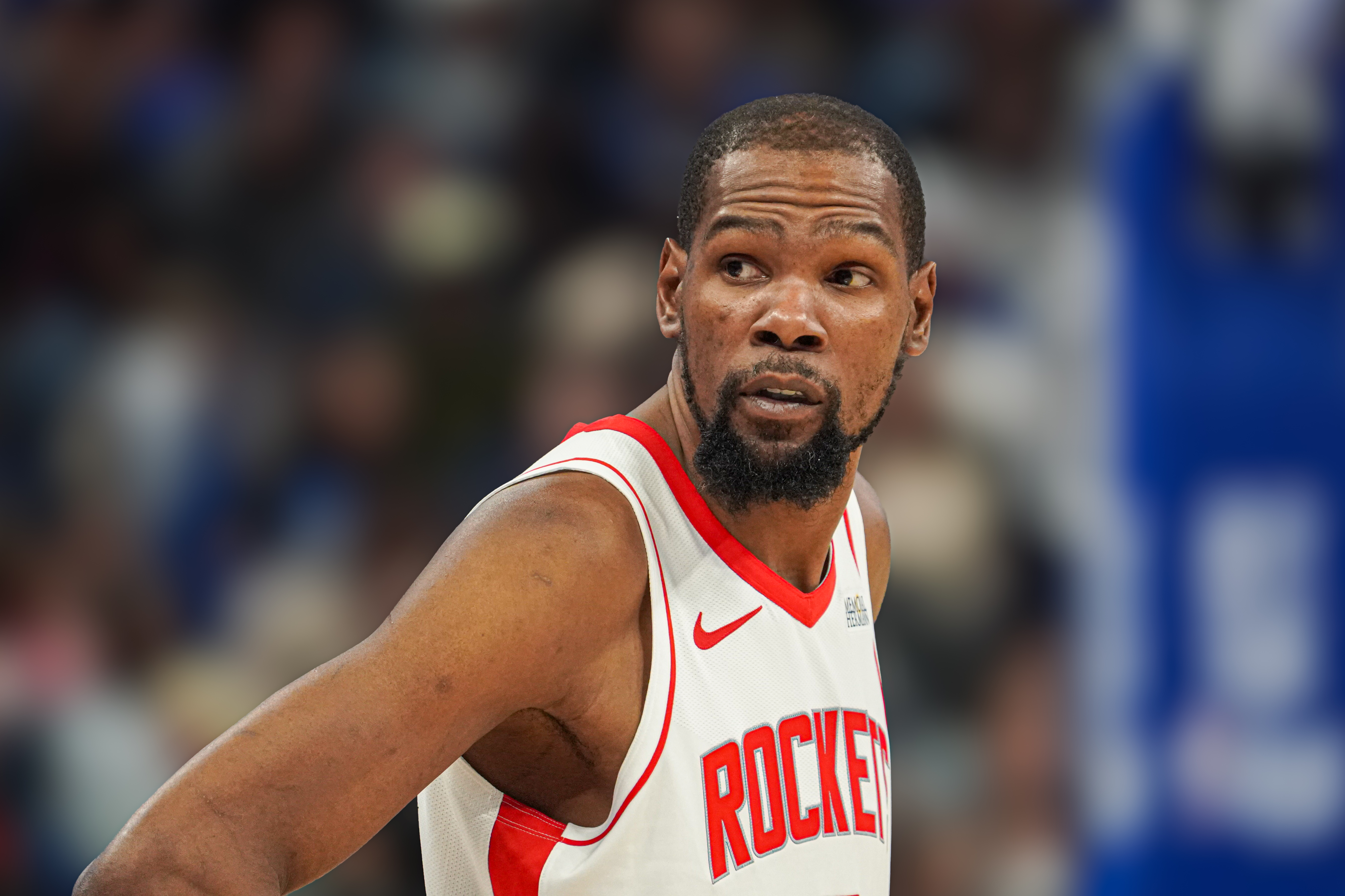 Houston Rockets forward Kevin Durant (7), seen here looking on during a game, is featured in our NBA player props today.