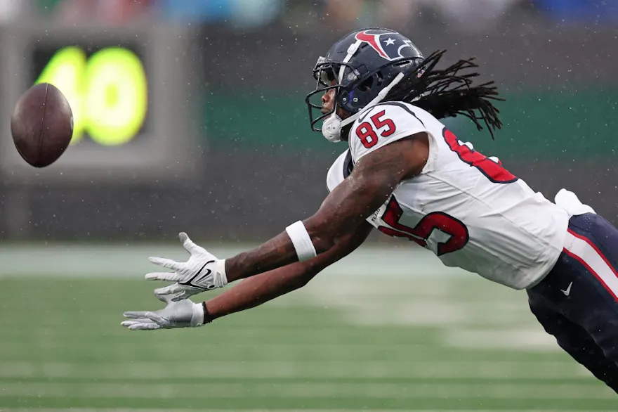 Noah Brown #85 of the Houston Texans attempts to make a catch as we look at our Titans vs. Texans Week 17 NFL player prop predictions